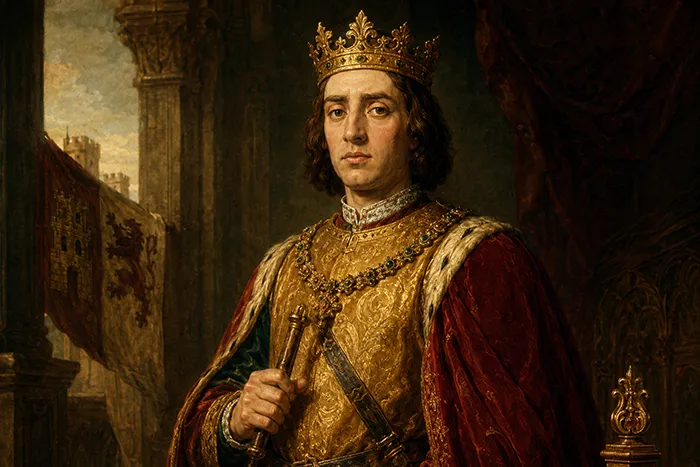 Retrato artístico de Enrique IV de Castilla con corona y vestimenta real dorada, en un interior palaciego medieval con arquitectura y estandartes de Castilla.