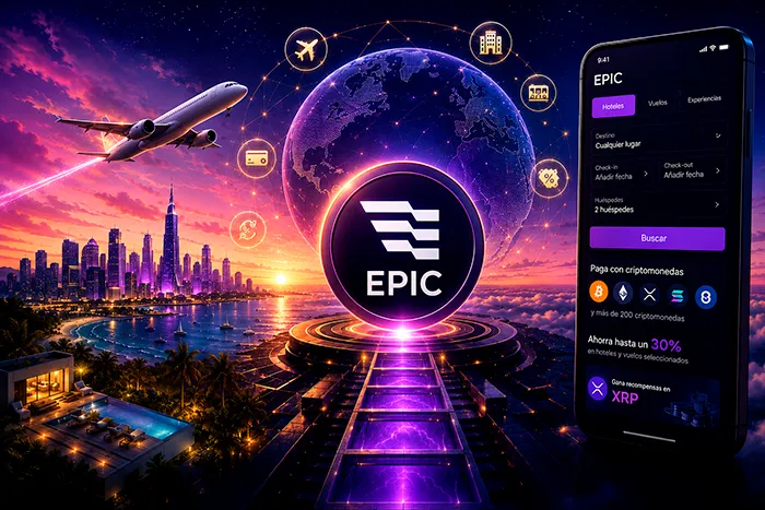 Ilustración de Epic Chain y la criptomoneda EPIC para reservas de hoteles y vuelos mediante tecnología blockchain.