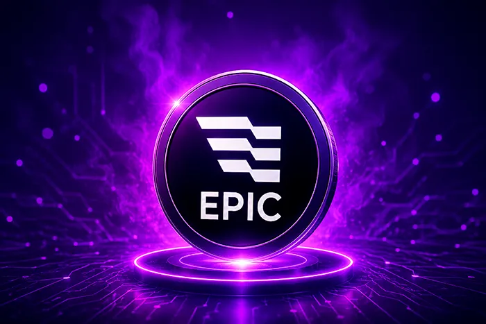 Ilustración de la criptomoneda Epic Chain (EPIC) con su logotipo sobre un fondo morado futurista que representa la tecnología blockchain.