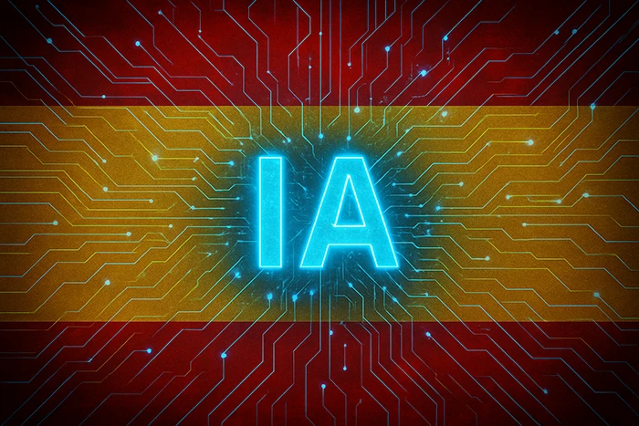 Representación digital de la inteligencia artificial sobre la bandera de España, con el texto IA iluminado en azul y circuitos electrónicos conectando todo el fondo