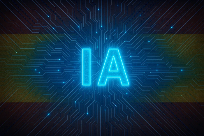 Diseño tecnológico con el texto IA resaltado sobre una bandera de España difuminada, envuelto en un entramado de circuitos digitales azules en expansión