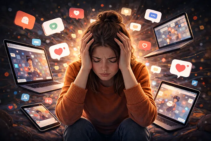Mujer joven abrumada por la sobreestimulación digital rodeada de pantallas y notificaciones