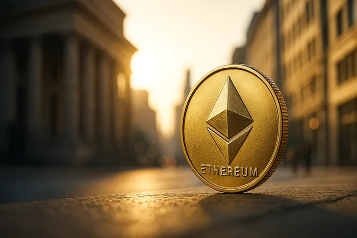 Moneda dorada de Ethereum petróleo digital en primer plano sobre una calle urbana iluminada por el sol, con edificios financieros desenfocados al fondo.