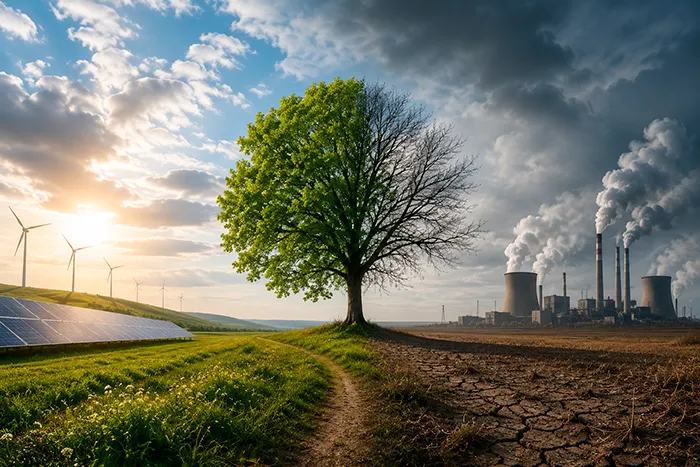 Cambio climático en Europa: contraste entre energías renovables y contaminación industrial en un paisaje dividido.