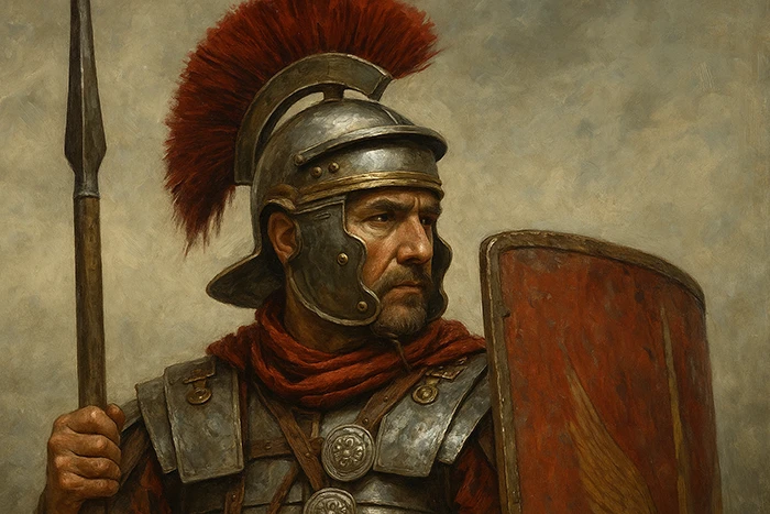 Retrato realista de un evocatus romano con casco, armadura y escudo, sosteniendo una lanza, mirando hacia la derecha.