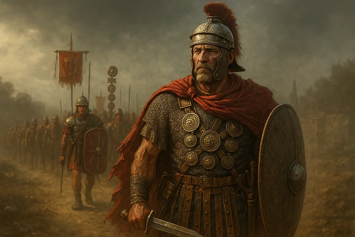 Evocatus romano marchando al frente de una columna de legionarios, con estandartes y vexilla al fondo, en un paisaje polvoriento.
