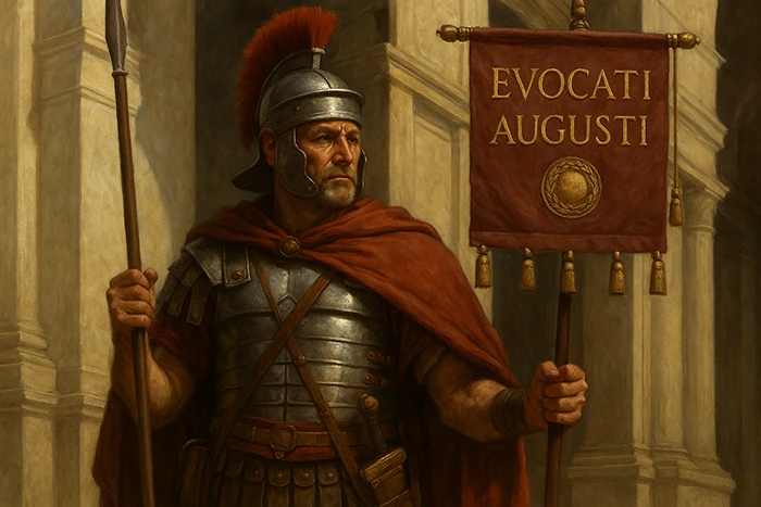 Evocatus Augusti portando un estandarte rojo con la inscripción EVOCATI AUGUSTI y un emblema dorado, en un entorno arquitectónico romano.