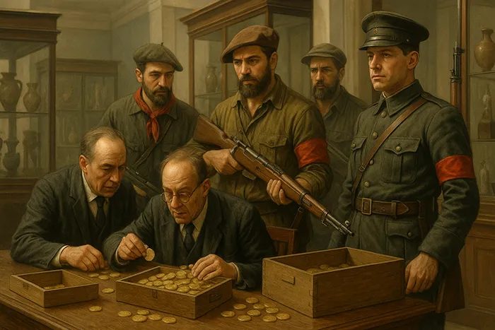 Ilustración del expolio de 1936 en el Museo Arqueológico Nacional: milicianos armados obligan a un funcionario a entregar una caja con monedas de oro.