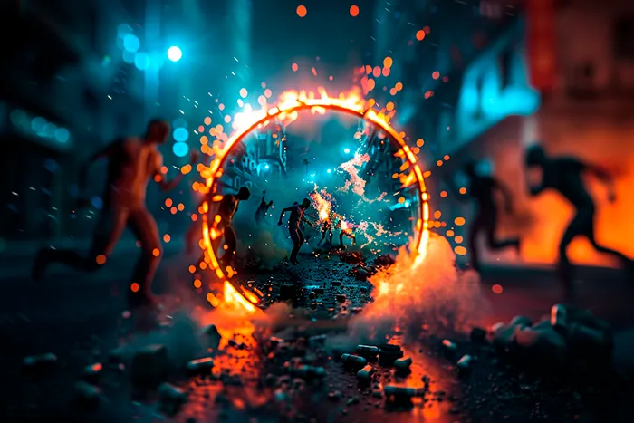 Escena caótica que representa retos virales peligrosos en internet con personas corriendo y fuego en una calle nocturna