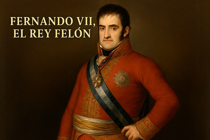 Retrato neoclásico de Fernando VII con uniforme real, acompañado del texto "FERNANDO VII, EL REY FELÓN", como imagen destacada del artículo.