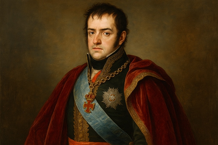 Retrato horizontal de Fernando VII en estilo neoclásico, con expresión solemne y vestimenta regia, sin texto ni elementos añadidos.