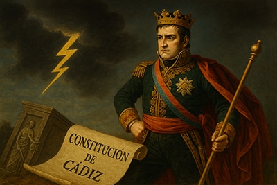 Escena alegórica en estilo clásico con un rey en trono, documentos desgarrados a sus pies y atmósfera oscura, simbolizando la traición a la Constitución de Cádiz.
