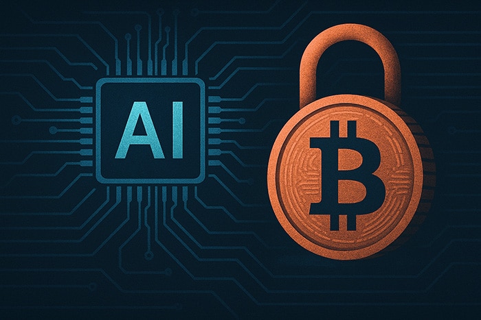 Representación simbólica de inteligencia artificial y seguridad cripto con un chip digital y un candado con el símbolo de bitcoin.