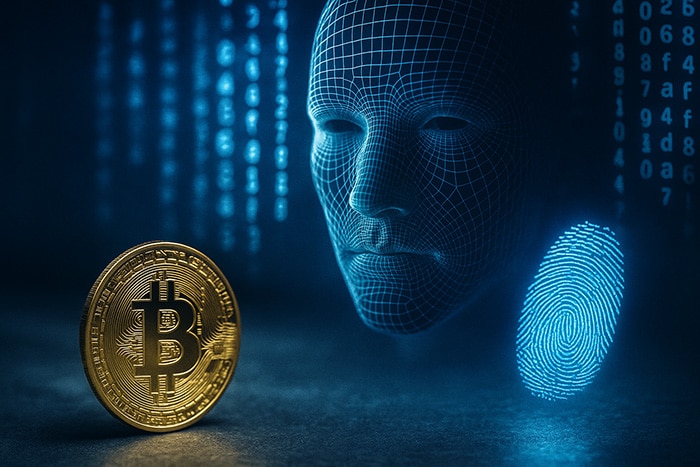 Criptomoneda bitcoin frente a un rostro artificial y una huella digital azul que simbolizan el uso de IA en fraudes digitales.