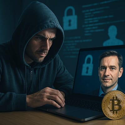 Estafador frente a un portátil suplantando a un ejecutivo mediante deepfake para cometer fraude con criptomonedas.