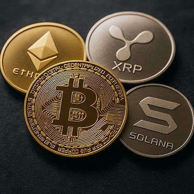 Monedas físicas de Bitcoin, Ethereum, XRP y Solana sobre fondo oscuro.