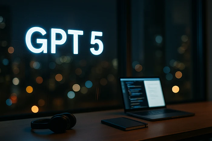 GPT-5 iluminado en ventana de oficina nocturna; portátil con código y cuaderno sobre mesa, ciudad desenfocada al fondo.