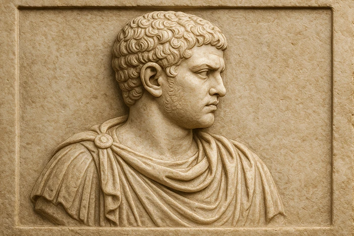 Bajorrelieve de mármol representando el perfil de Geta con toga romana.