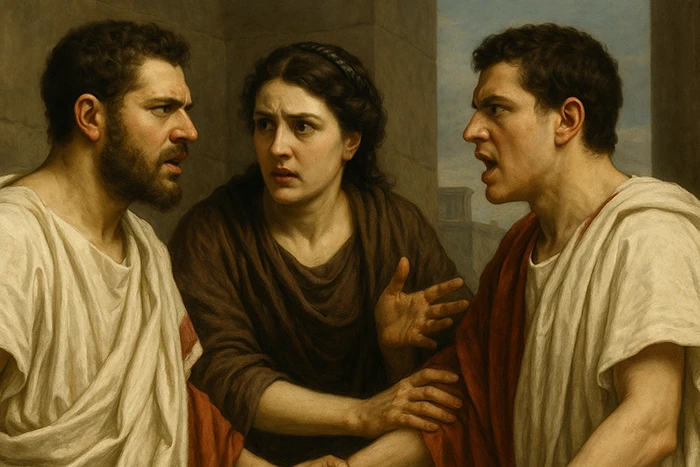 Escena pictórica de Caracalla y Geta discutiendo con Julia Domna intercediendo.