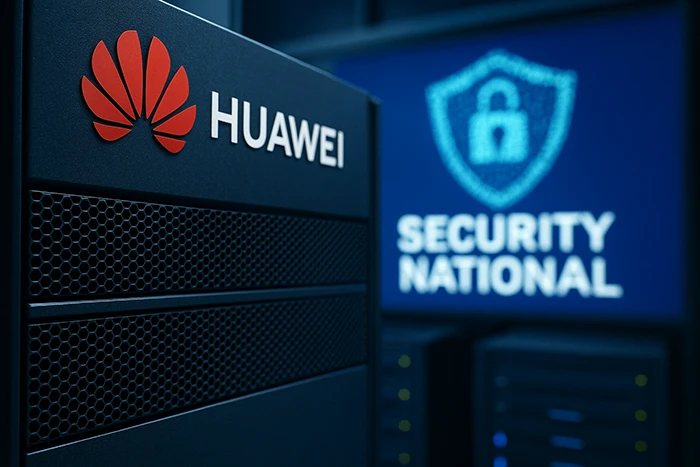Servidor Huawei en primer plano con logo rojo y fondo de pantalla que muestra un escudo digital y el texto Security National