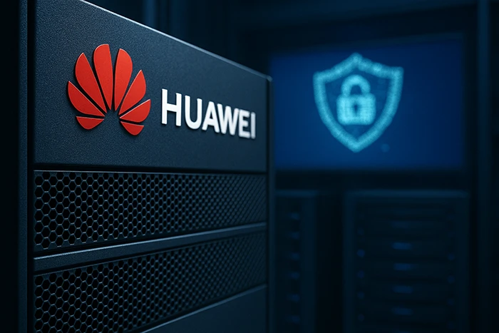 Primer plano de un servidor Huawei en un centro de datos, con logo visible y fondo de seguridad digital desenfocado