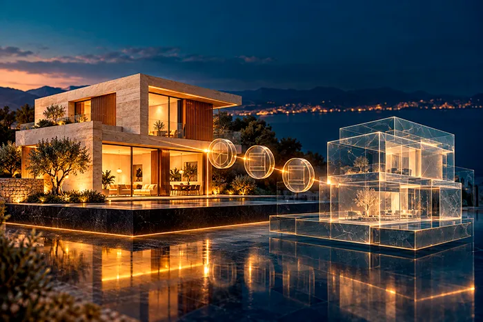 Ilustración de una vivienda conectada mediante tokens con su representación digital, como concepto de tokenización inmobiliaria.