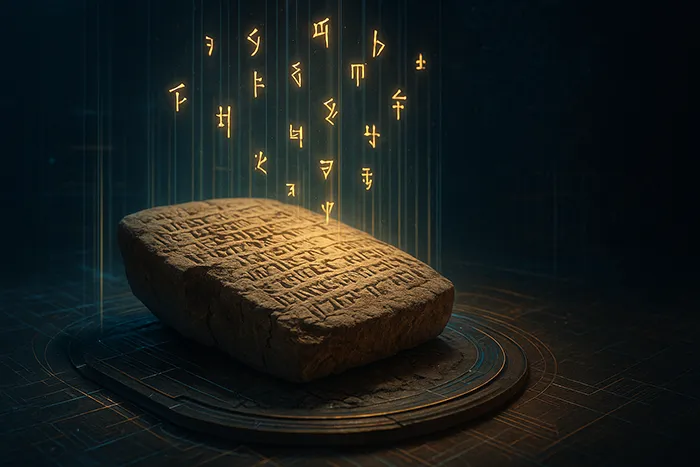 Ilustración digital ultrarrealista de una tablilla mesopotámica con inscripciones cuneiformes, escaneada mediante hologramas y símbolos flotantes de luz dorada en un entorno futurista de inteligencia artificial.