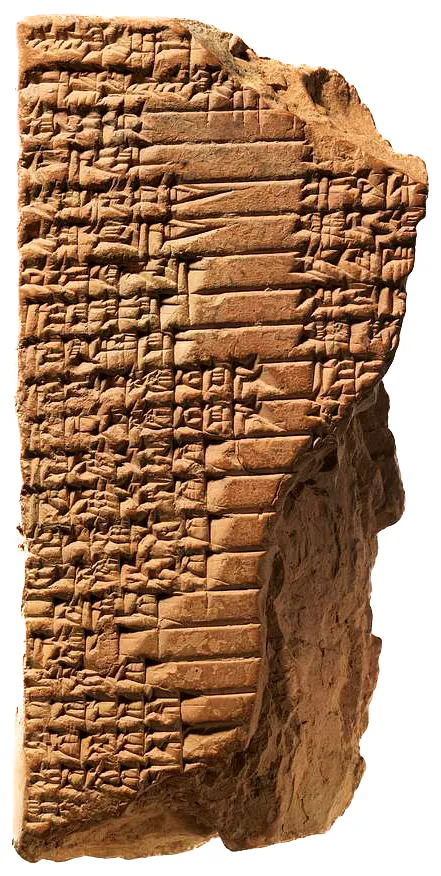 Fragmento de tablilla de arcilla con inscripciones cuneiformes en escritura acadia, parcialmente conservada.