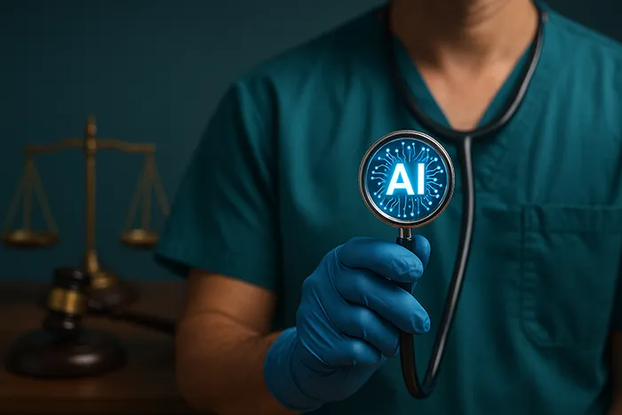 Médico con estetoscopio digital de inteligencia artificial frente a una balanza de justicia, símbolo de los dilemas éticos de la IA en salud.