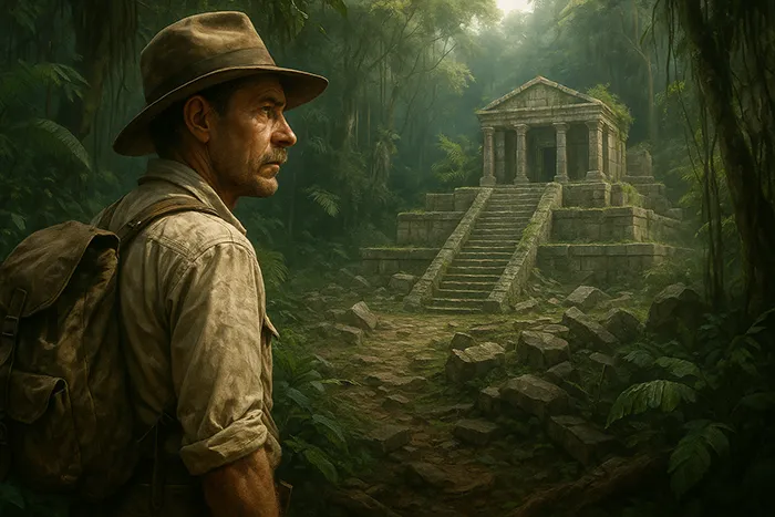 Explorador observa las ruinas de una ciudad perdida en la selva amazónica, con un templo de piedra entre la vegetación.