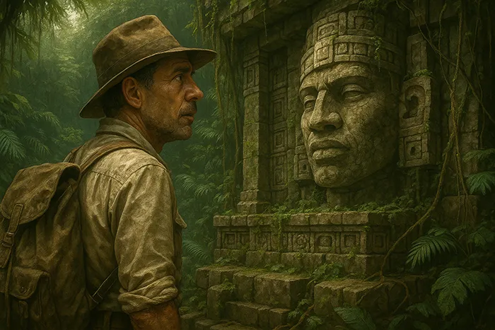 Explorador frente a un muro con un rostro tallado en piedra en plena selva amazónica, símbolo de civilización perdida.