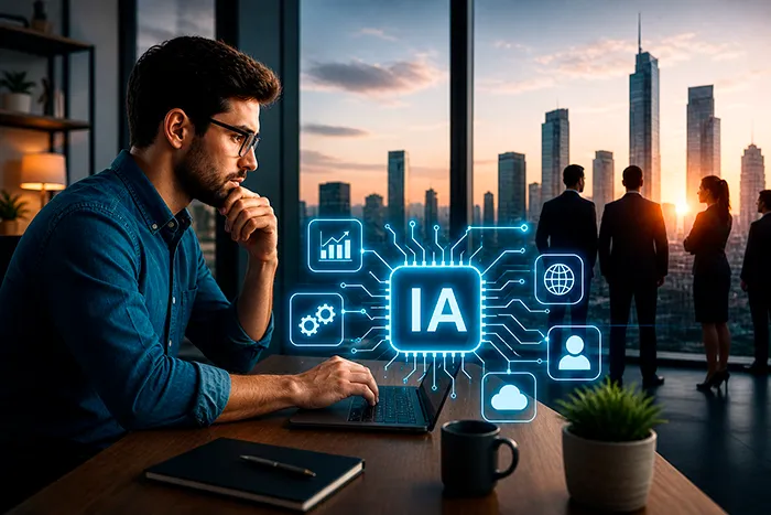 Hombre trabajando con portátil en una oficina moderna al atardecer, con iconos digitales de inteligencia artificial flotando y un grupo de profesionales observando la ciudad desde una ventana panorámica.