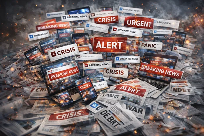 Saturación de alertas informativas y titulares urgentes acumulados en pantallas y periódicos, representando el exceso de noticias constantes