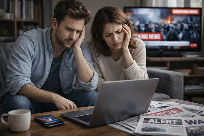 Pareja visiblemente agotada frente a un portátil mientras consume noticias, reflejando el cansancio y la fatiga informativa