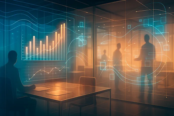 Ilustración futurista de una oficina con paredes de cristal y hologramas de datos luminosos. Siluetas humanas abstractas interactúan con gráficos y flujos de información digital que llenan el espacio, simbolizando la integración de la inteligencia artificial en el trabajo.