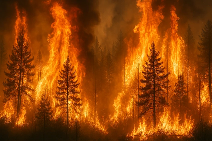 Incendio forestal con árboles de gran altura envueltos en llamas intensas y columnas de fuego elevándose hacia el cielo.