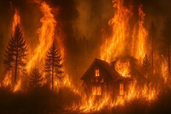 Casa rural de madera rodeada de un bosque ardiendo, con llamas gigantescas avanzando entre los árboles y envolviendo la vivienda.
