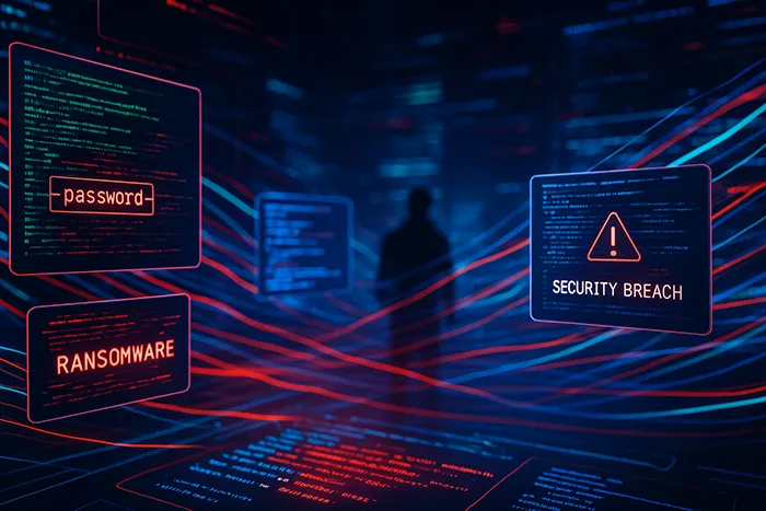 Escenario futurista de cibercrimen con pantallas holográficas y flujos de datos en rojo, verde y azul durante un ataque digital autónomo.