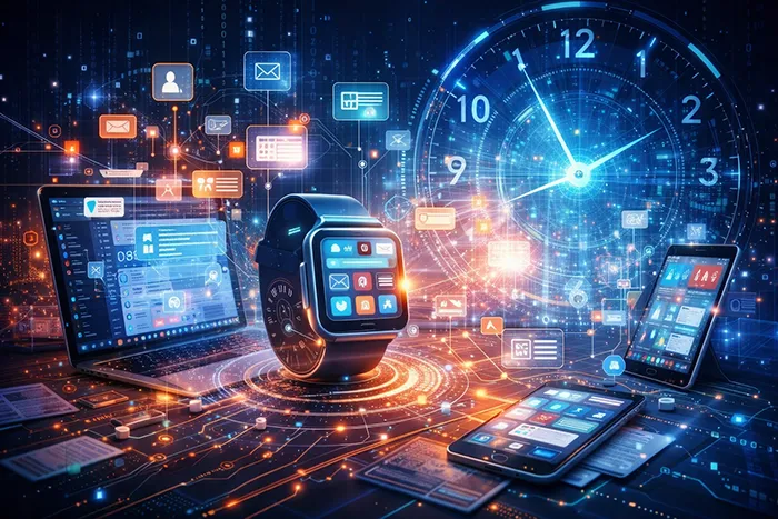 Representación digital del tiempo fragmentado por la tecnología, con dispositivos conectados y notificaciones constantes alrededor de un reloj luminoso