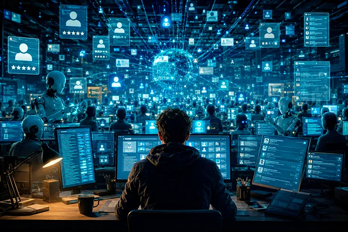 Persona frente a múltiples pantallas rodeada de bots y sistemas de inteligencia artificial, representación de la teoría del Internet muerto.