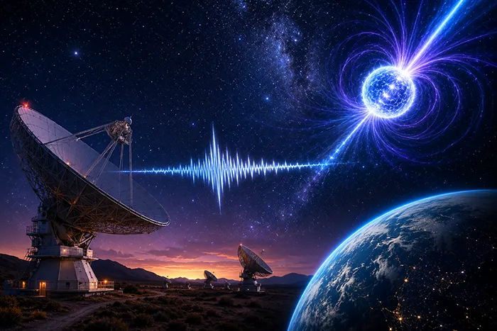 Radiotelescopio observando el cielo nocturno mientras una intensa señal cósmica atraviesa el espacio desde un objeto astronómico brillante, representando los misteriosos fenómenos de radio que los científicos aún investigan.