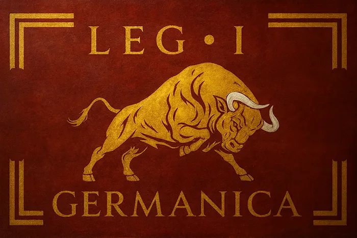 Estandarte romano con toro dorado sobre fondo rojo, emblema atribuido a la Legio I Germanica
