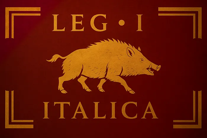 Estandarte romano de la Legio I Italica sobre fondo rojo oscuro, con un jabalí dorado en actitud de marcha y letras latinas doradas ‘LEG·I ITALICA’ en estilo clásico, inspirado en vexilos imperiales.