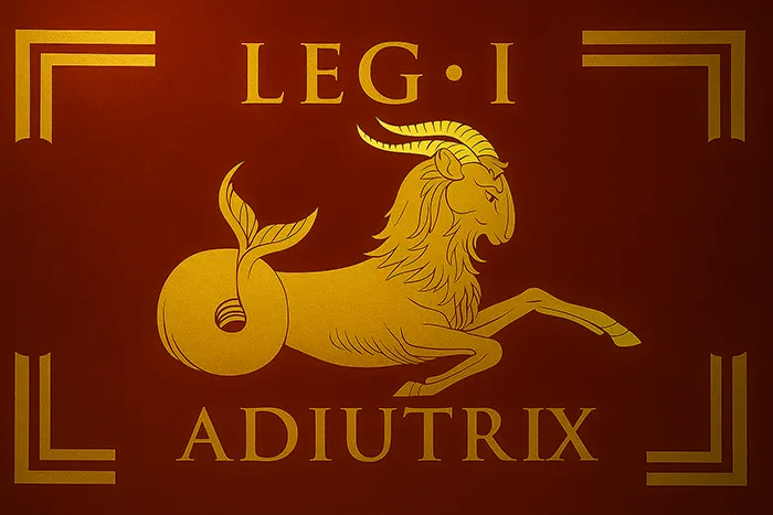 Estandarte de la Legio I Adiutrix con el símbolo del capricornio dorado sobre fondo rojo.