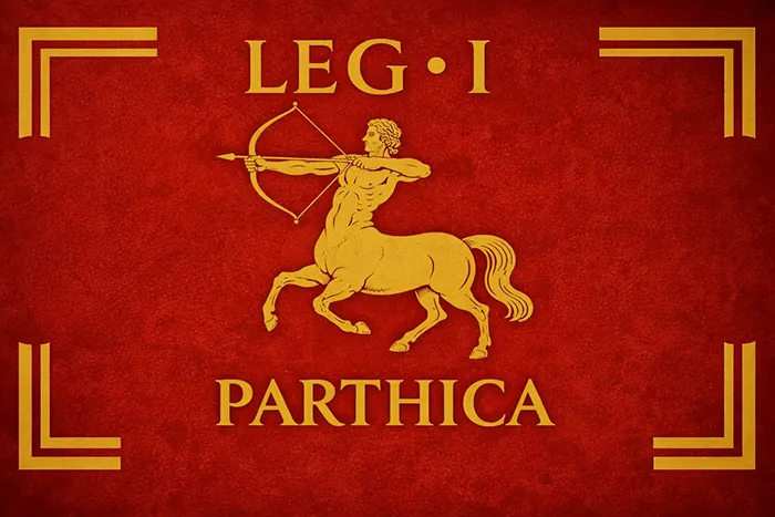 Estandarte romano de la Legio I Parthica con fondo rojo, inscripciones doradas y un centauro disparando un arco hacia la izquierda.
