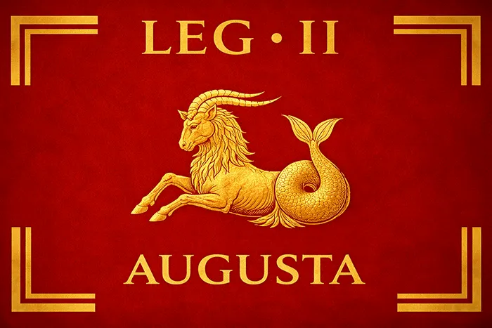 Estandarte romano de la Legio II Augusta con el símbolo del capricornio en dorado sobre fondo rojo.