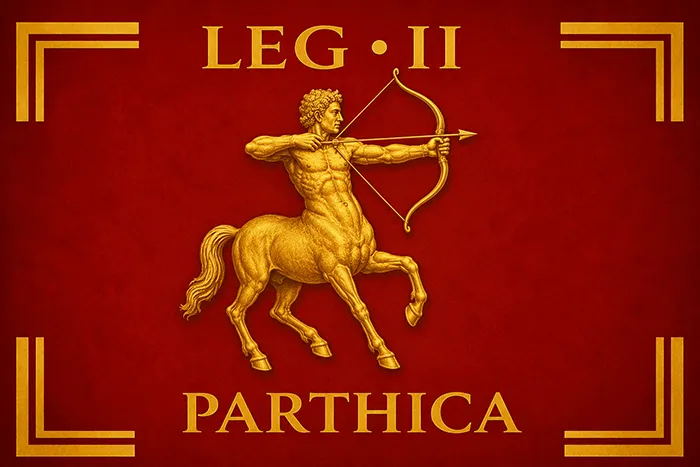 Legio II Parthica representada con un centauro arquero dorado sobre fondo rojo, inspirada en los estandartes militares del Imperio romano.