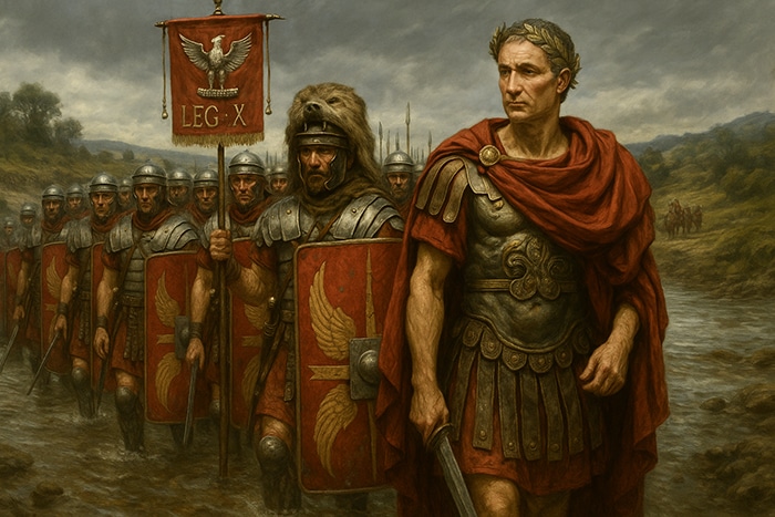 Legio X Equestris y Julio Cesar cruzando el Rubicon.