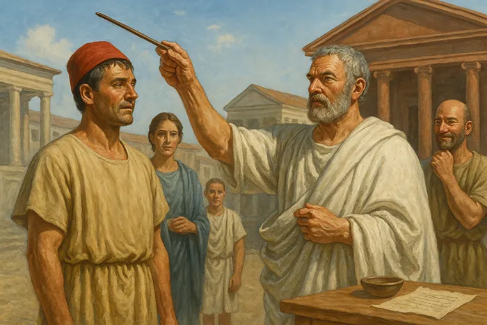 Ceremonia de manumisión en la antigua Roma, un magistrado con toga y varilla libera a un esclavo en público.