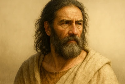 Retrato hiperrealista de un pelasgo, hombre mayor de aspecto noble con barba y cabello largo, vestido con túnica clara, mirando con seriedad hacia un lado.
